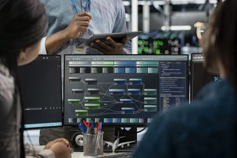 Close up of data center programmers using PC to visualize AI neural networks