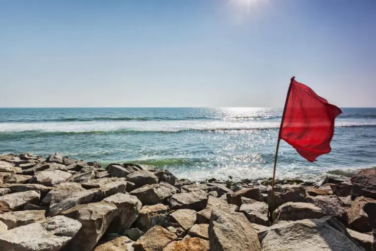 red-flag-on-rocky-beach