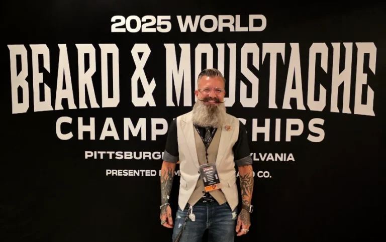 Jason Heien in front of the 2025 World beard and mustache championships in Pittsburgh Pennsylvania