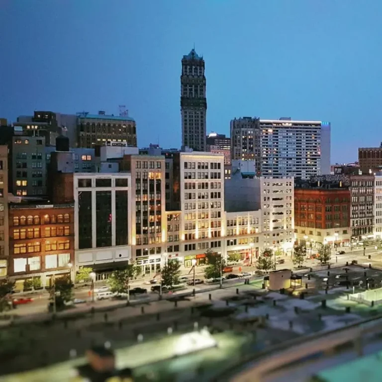 a view of woodward avenue in downtown detroit